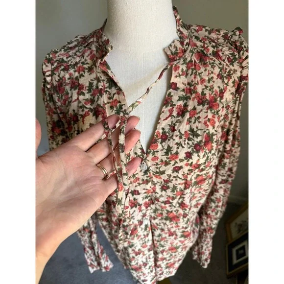 Free People Meant to Be Floral Print Blouse Top Long Sleeve Ruffle Boho Bohemian - Picture 4 of 9